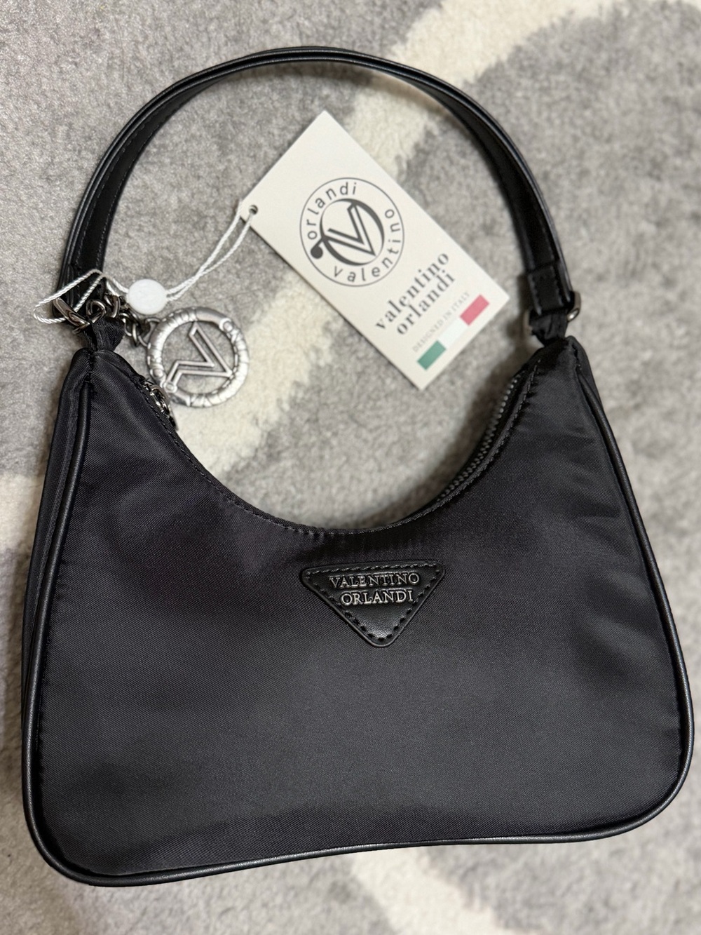 Valentino Orlandi Black Nylon Shoulder Bag with Logo Charm